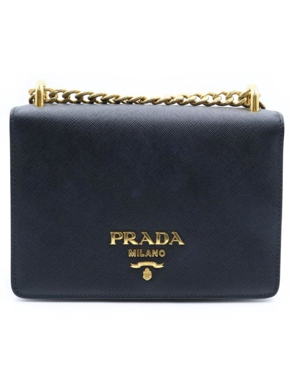 Prada Saffiano Shoulder Bag Chain Black Leather Gold
